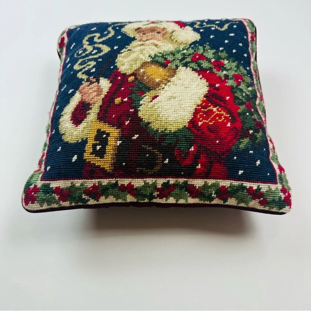 Christmas Santa Claus Needlepoint Accent Pillow 12 x 12 inches